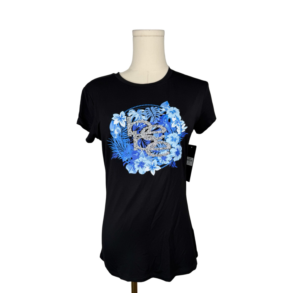 bebe Women's Black Rhinestone Logo Tropical Floral Print T-Shirt Sz. M NWT